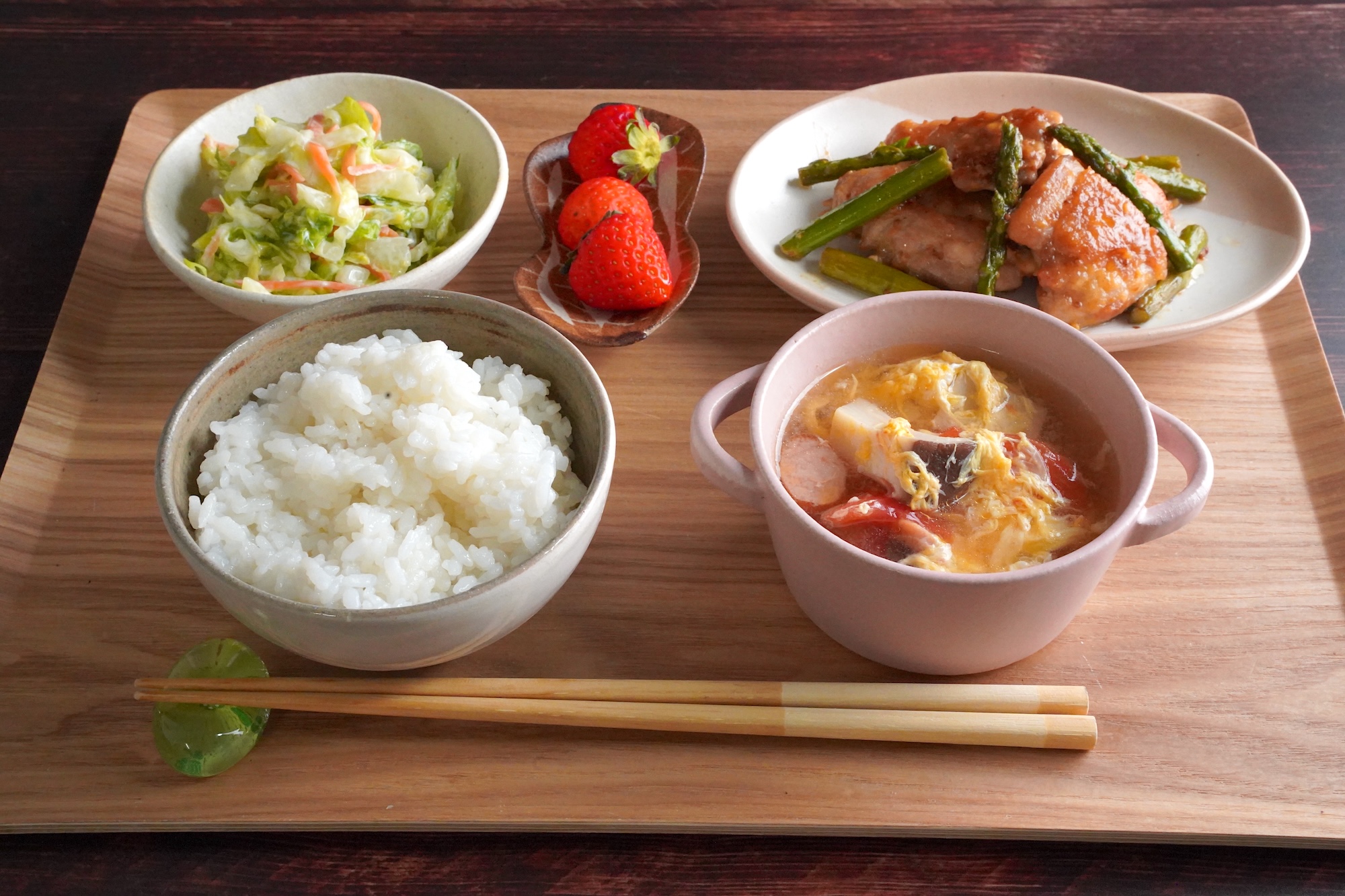 アスパラと鶏のレモンマスタードソテー献立
