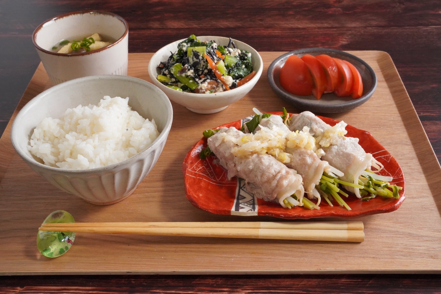 もやしと豆苗の豚肉巻き献立